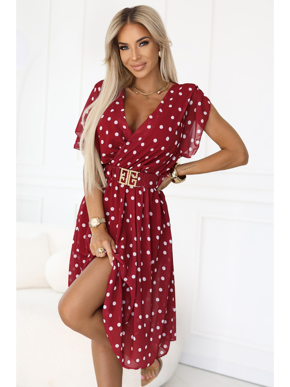 numoco Zapeljive vinsko rdeče obleke z belimi pikami in okrasnim pasom