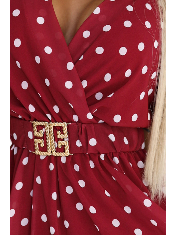 numoco Zapeljive vinsko rdeče obleke z belimi pikami in okrasnim pasom