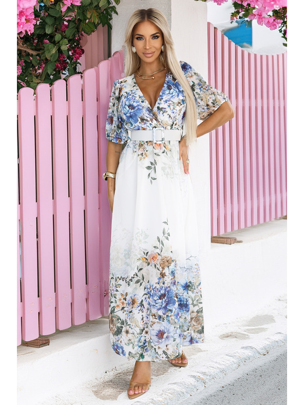 numoco Lahkotne maxi obleke CELINA z V-izrezom, pasom in cvetličnim ombré vzorcem