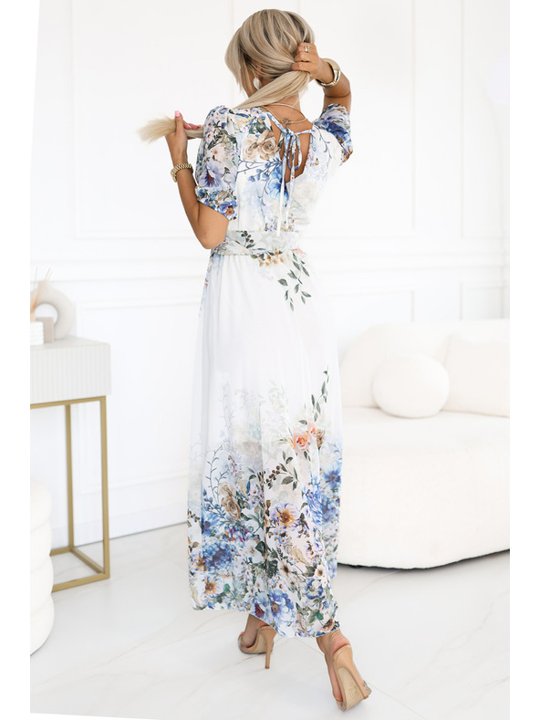 numoco Lahkotne maxi obleke CELINA z V-izrezom, pasom in cvetličnim ombré vzorcem