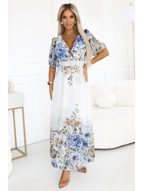 numoco Lahkotne maxi obleke CELINA z V-izrezom, pasom in cvetličnim ombré vzorcem