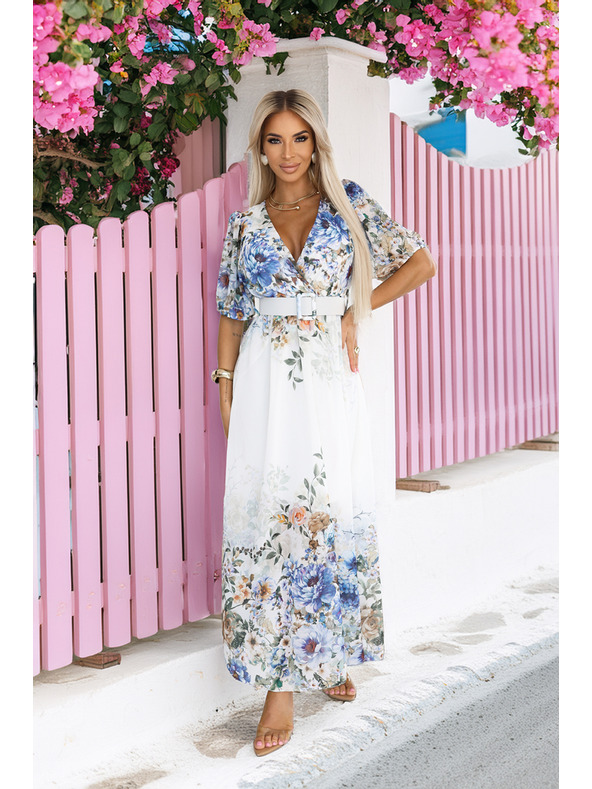 numoco Lahkotne maxi obleke CELINA z V-izrezom, pasom in cvetličnim ombré vzorcem