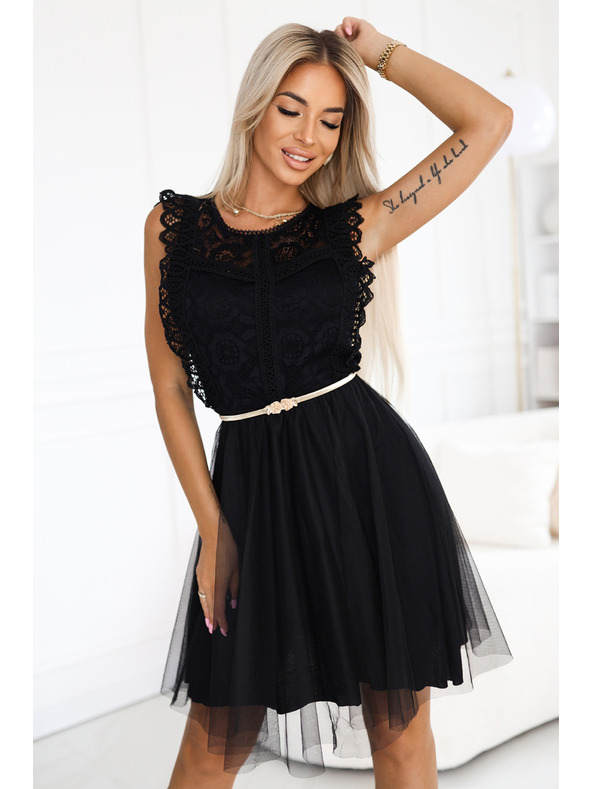 numoco Čipkaste obleke GRETA s tiul krilom in zlatim pasom