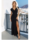 numoco Osupljive dolge črne obleke IRINA z bleščicami, preklopnim izrezom in razporkom