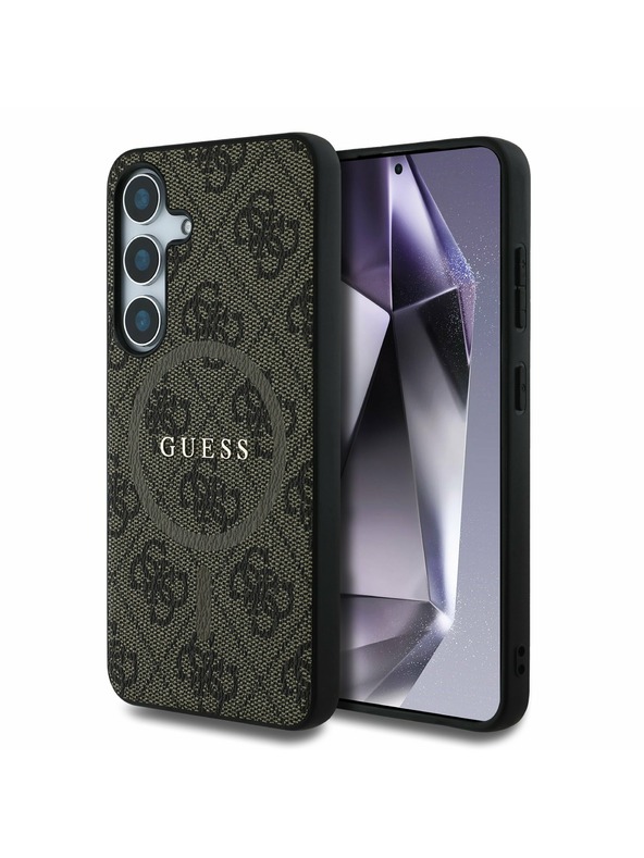 Guess Guess PU Usnjeni 4G Obarvani Obroč MagSafe Zadnji Pokrov za Samsung Galaxy S25 Rjav