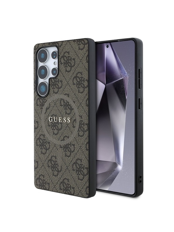 Guess Guess PU Usnjeni 4G Obarvani Obroč MagSafe Zadnji Pokrov za Samsung Galaxy S25 Ultra Rjav