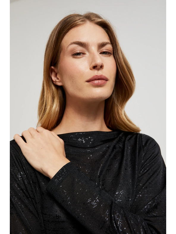 Moodo Črna bluza z nagubanim izrezom in dolgimi rokavi