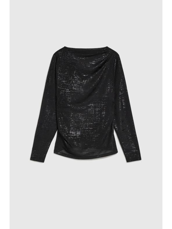 Moodo Črna bluza z nagubanim izrezom in dolgimi rokavi