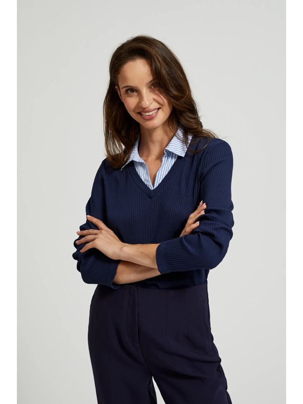 Moodo Temno moder pulover s srajčnim ovratnikom