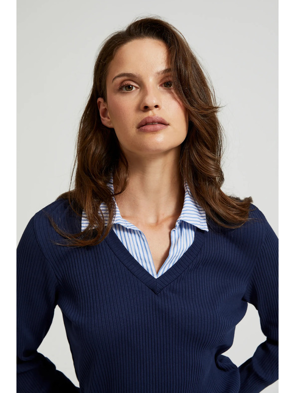 Moodo Temno moder pulover s srajčnim ovratnikom