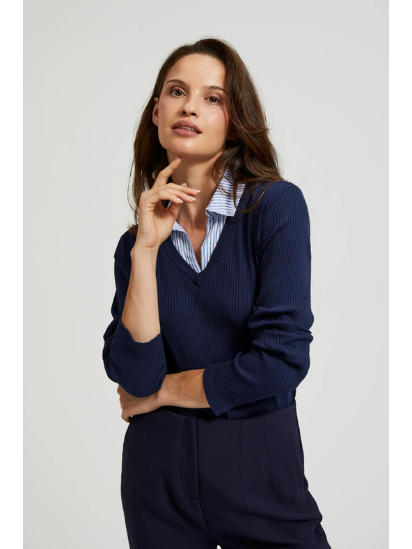 Moodo Temno moder pulover s srajčnim ovratnikom