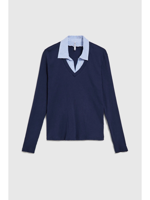 Moodo Temno moder pulover s srajčnim ovratnikom