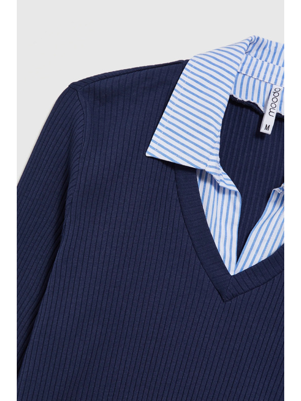 Moodo Temno moder pulover s srajčnim ovratnikom