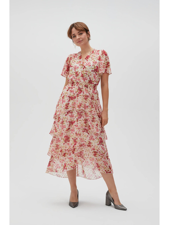 Moodo Belo-rdeče cvetlične ženske obleke Moodo