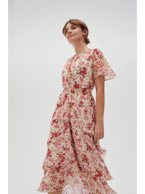 Moodo Belo-rdeče cvetlične ženske obleke Moodo