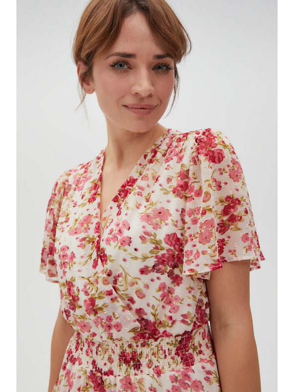 Moodo Belo-rdeče cvetlične ženske obleke Moodo