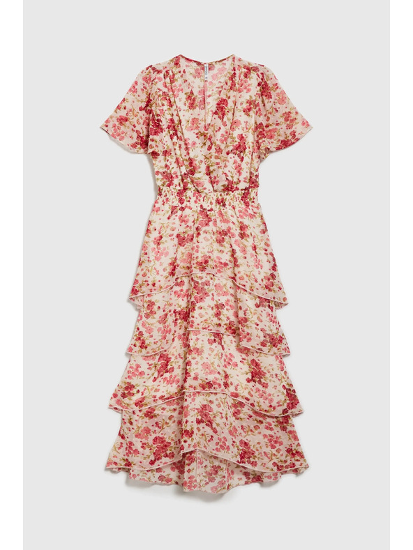 Moodo Belo-rdeče cvetlične ženske obleke Moodo