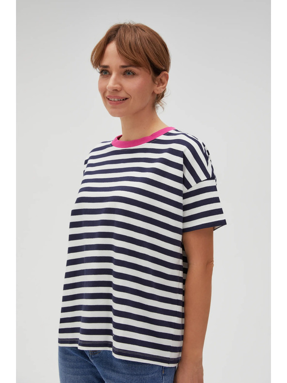 Moodo Modro-bela črtasta majica z rožnatim ovratnikom