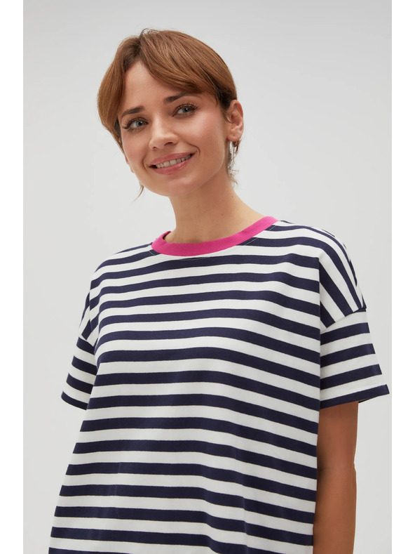 Moodo Modro-bela črtasta majica z rožnatim ovratnikom