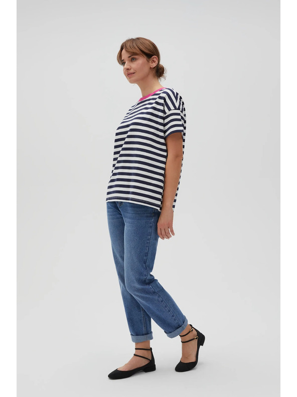 Moodo Modro-bela črtasta majica z rožnatim ovratnikom