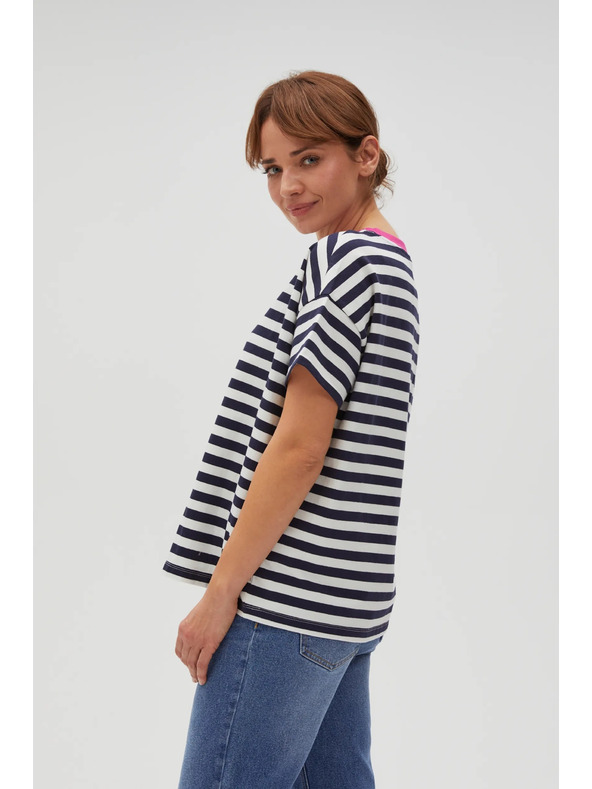 Moodo Modro-bela črtasta majica z rožnatim ovratnikom