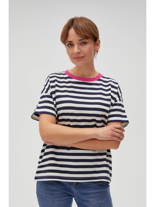 Moodo Modro-bela črtasta majica z rožnatim ovratnikom