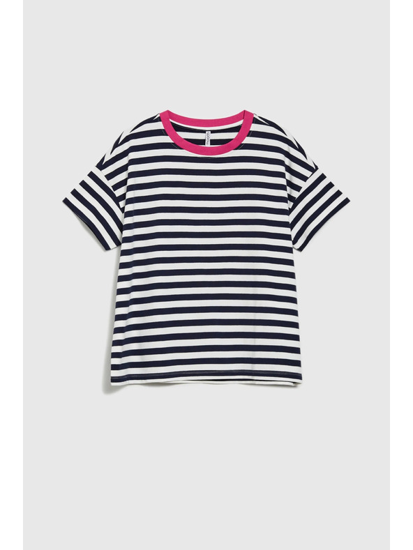 Moodo Modro-bela črtasta majica z rožnatim ovratnikom