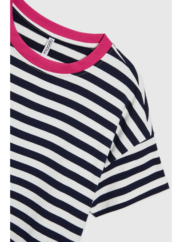 Moodo Modro-bela črtasta majica z rožnatim ovratnikom
