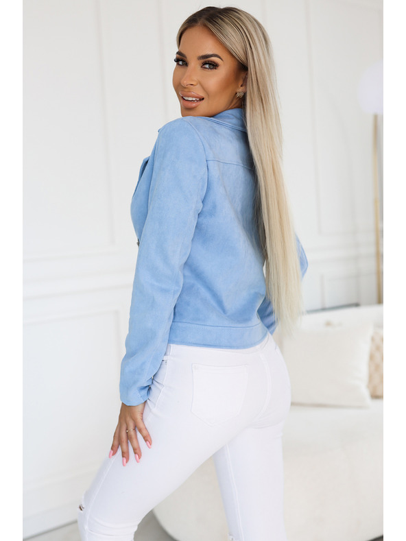 numoco Svetlo modra semiš motoristična jakna z dolgimi rokavi in zadrgami