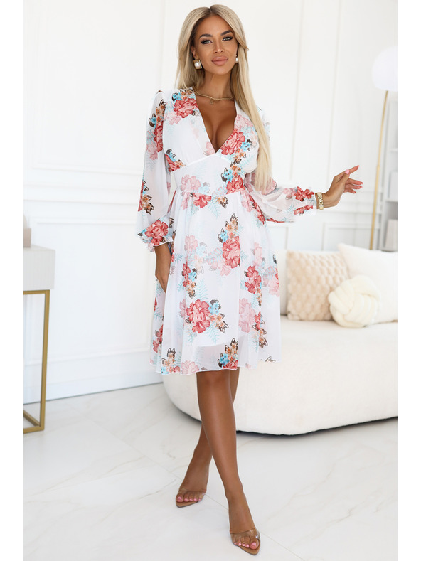 numoco Cvetlične šifon zavihane obleke z dolgimi rokavi