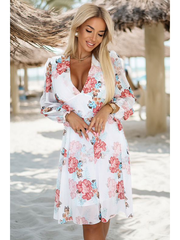 numoco Cvetlične šifon zavihane obleke z dolgimi rokavi