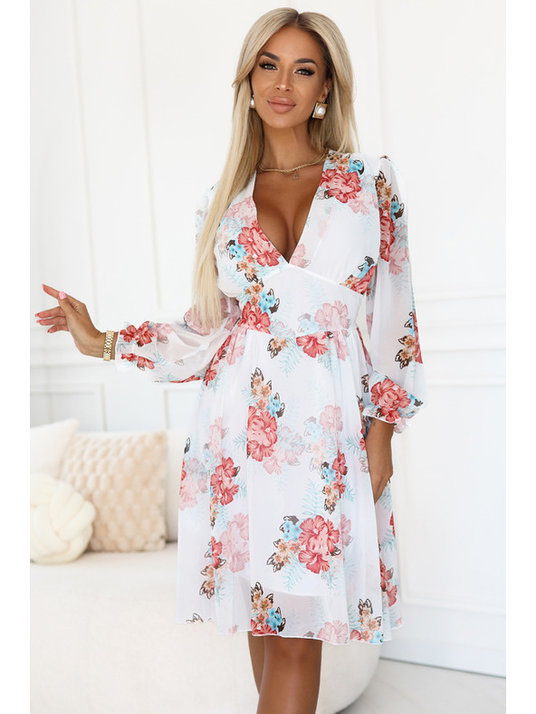 numoco Cvetlične šifon zavihane obleke z dolgimi rokavi