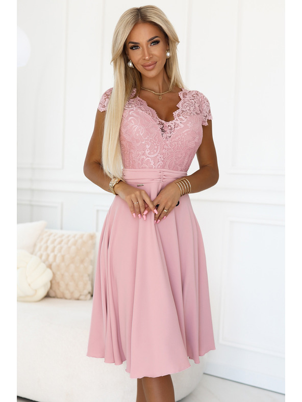 numoco Svetlo rožnate šifon obleke z čipkastim izrezom