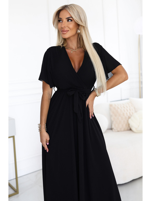 numoco Dolge obleke z nagubanim izrezom in zavezovanjem - črne