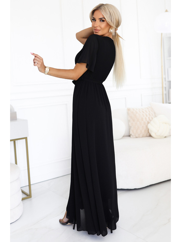 numoco Dolge obleke z nagubanim izrezom in zavezovanjem - črne