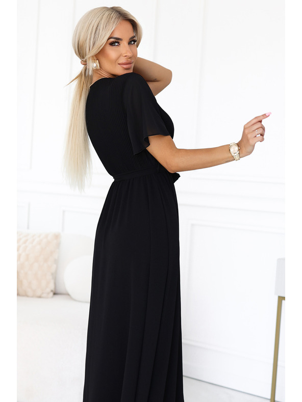 numoco Dolge obleke z nagubanim izrezom in zavezovanjem - črne