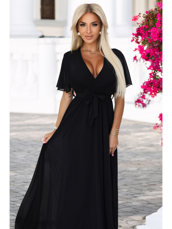 numoco Dolge obleke z nagubanim izrezom in zavezovanjem - črne