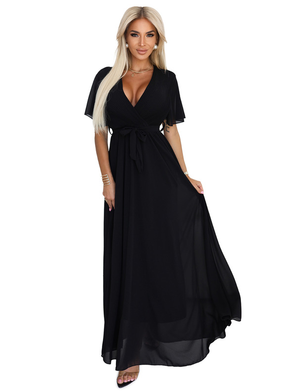 numoco Dolge obleke z nagubanim izrezom in zavezovanjem - črne
