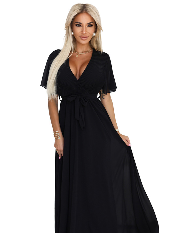 numoco Dolge obleke z nagubanim izrezom in zavezovanjem - črne
