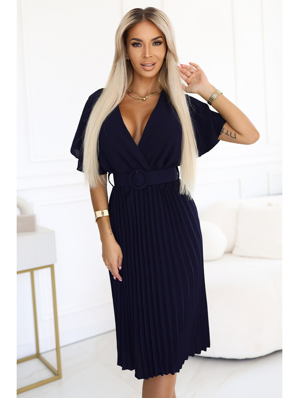 numoco Nagubane midi obleke z zavihkom in širokim pasom