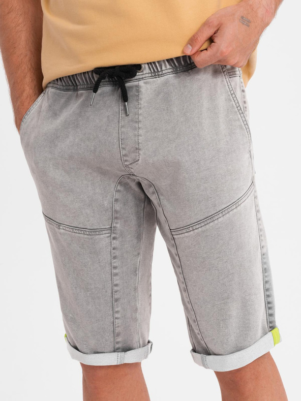 Ombre Clothing Moške jeans kratke hlače z okrasnim šivom - svetlo sive