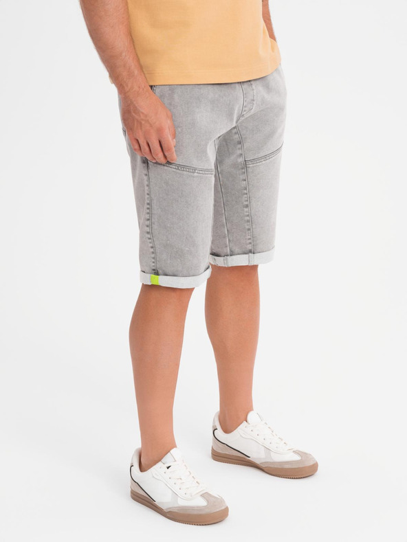 Ombre Clothing Moške jeans kratke hlače z okrasnim šivom - svetlo sive