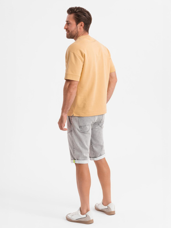 Ombre Clothing Moške jeans kratke hlače z okrasnim šivom - svetlo sive