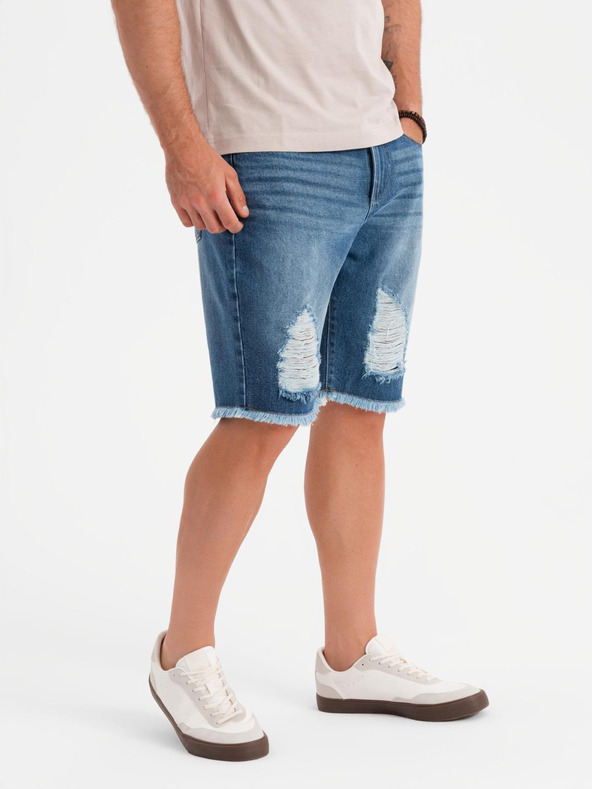 Ombre Clothing Moške jeans kratke hlače z luknjami in raztrganinami - modre
