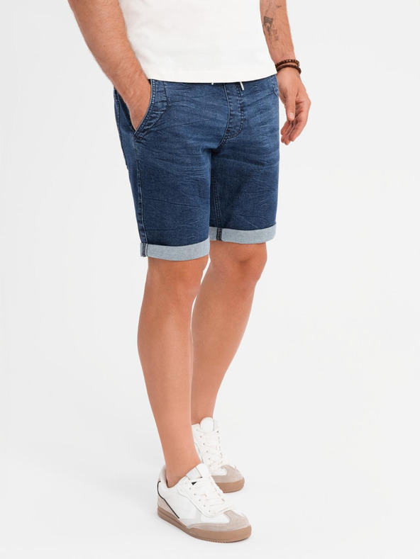 Ombre Clothing Moške jeans kratke hlače z zavihano hlačnico - temno modre
