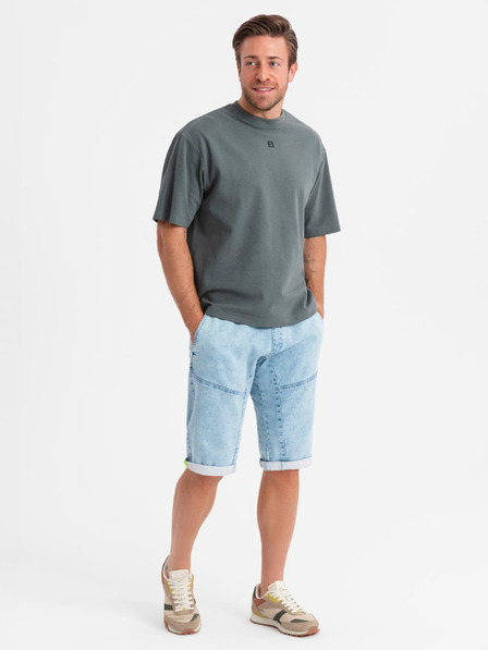 Ombre Clothing Moške kratke jeans hlače z okrasnim šivom - svetlo modre