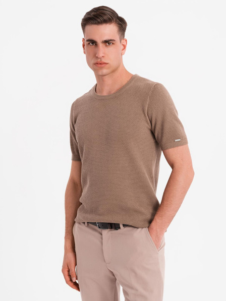 Ombre Clothing Moška pletena srajca z nežno teksturo - svetlo rjava