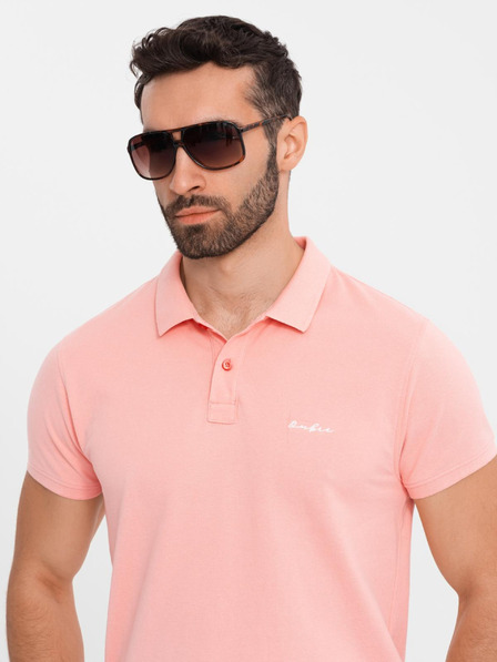 Ombre Clothing Bombažna polo majica iz piqué pletenine - rožnata