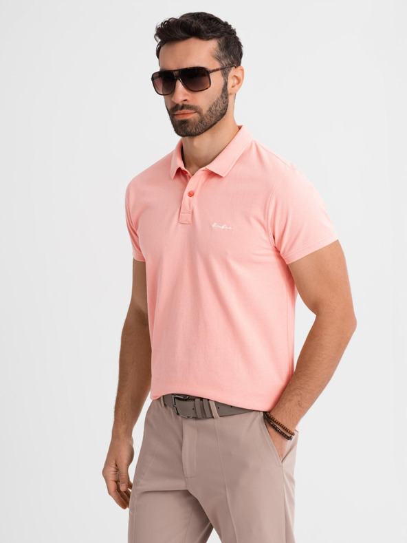 Ombre Clothing Bombažna polo majica iz piqué pletenine - rožnata