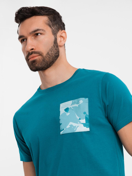 Ombre Clothing Moška bombažna majica s potiskom žepa - turkizna